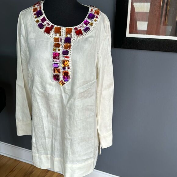 Magaschoni Collection off white linen blend jewel tone beads/crystal tunic. 12 - Picture 1 of 8